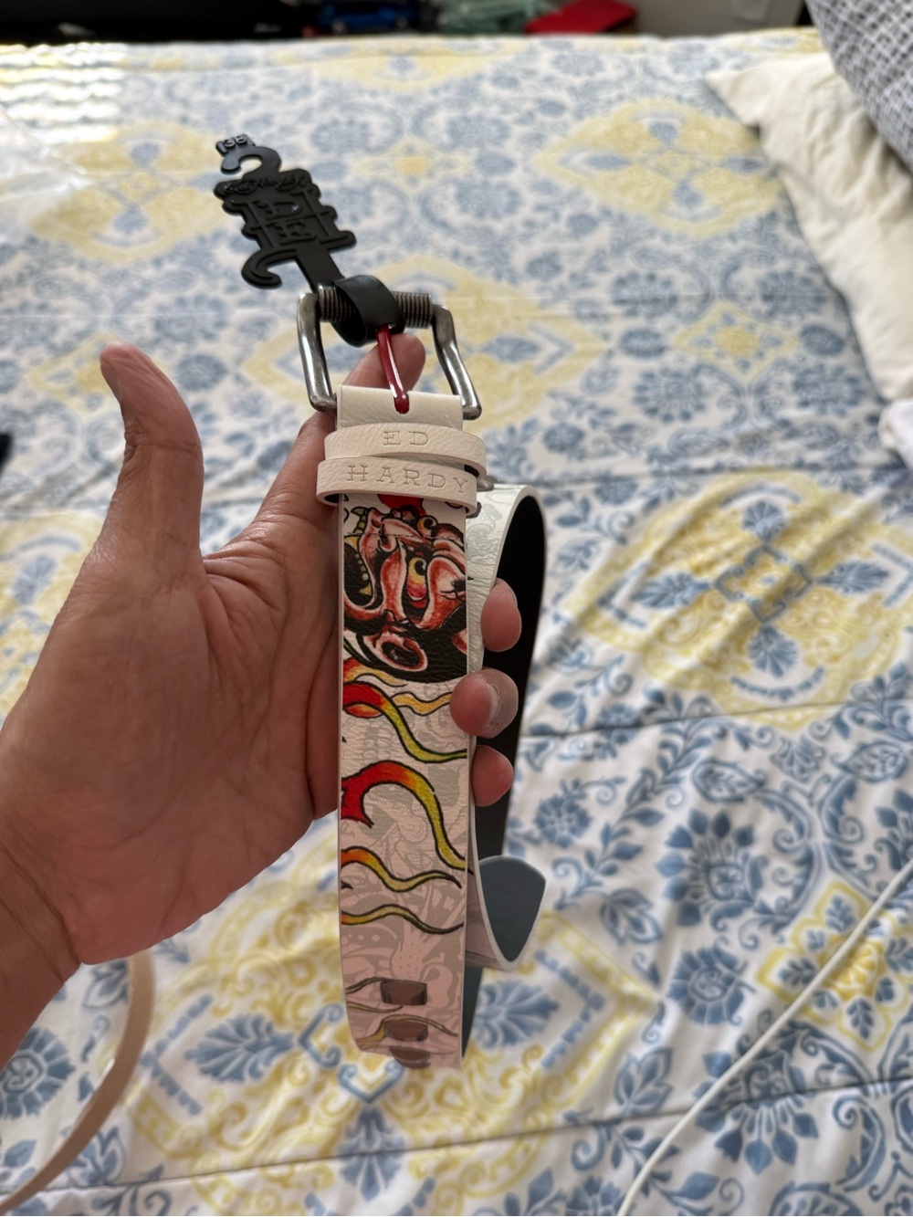 Ed Hardy White Leather Belt with Multicolor Tattoo Motif